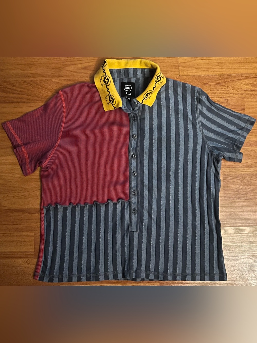 Brain Dead Two-Tone Striped Short Sleeve Polo in Red, Gray & Yellow Collar
